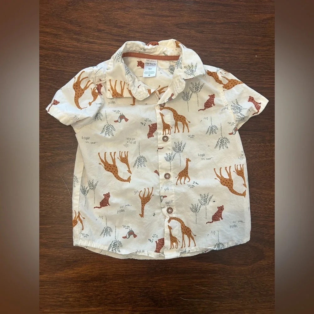 Carter's Cream Button-Down Shirt with Brown Giraffe Print